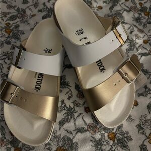 Birkenstock Gold and White Two-Strap Sandals with Buckle